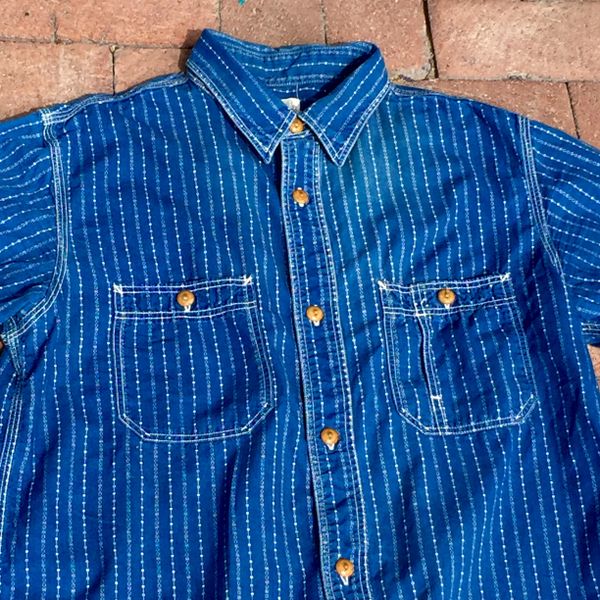 SOLD JAPANESE SUN FADED VINTAGE REPRODUCTION INDIGO CALICO WORKSHIRT DISCHARGE PRINT JOURNAL STANDARD BRAND