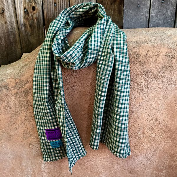 NARROW COTTON WOVEN PLAID TARTAN TAN, NAVY & EMERALD GREEN SCARF