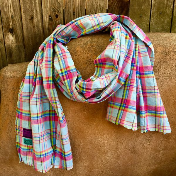 WOVEN PINK, PALE BLUE & YELLOW COTTON PLAID TARTAN BIG SCARF