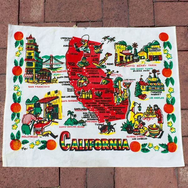 SOLD VINTAGE 1930s CALIFORNIA MAP FABRIC POSTER