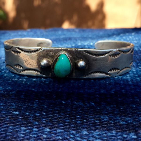 SOLD 1920s INGOT SILVER STAMPED AMERICAN TURQUOISE CUFF BRACELET