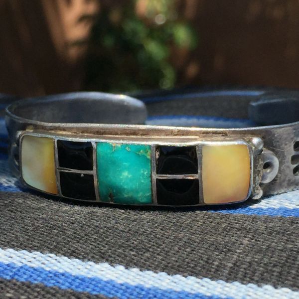 SOLD 1940s AMERICAN INLAY STAMPED INGOT SILVER TURQUOISE SPINY OYSTER JET MENS CUFF BRACELET