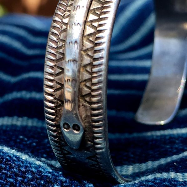 SOLD 1920s INGOT SILVER FILED & STAMPED CHISELED AMERICAN SNAKE CUFF BRACELET