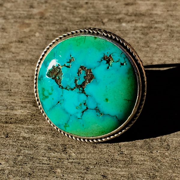 SOLD 1920s BIG ROUND BLUE GREEN TURQUOISE SILVER RING