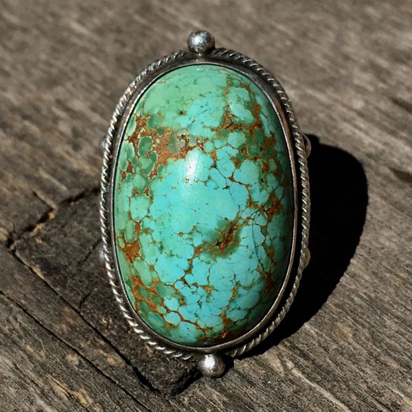 SOLD 1920s HUGE ROBIN'S EGG BLUE GREEN DOMED PERSIAN TURQUOISE RING with WHIRLING LOGS