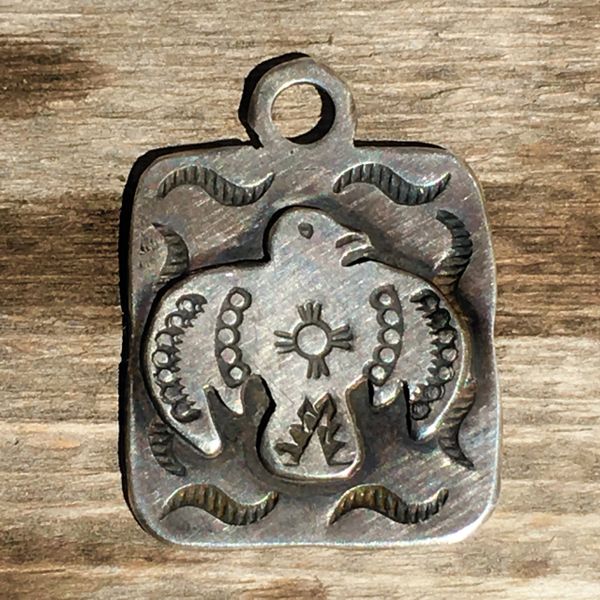 SOLD REPRODUCTION 1920s NEW MEXICO ZIA SYMBOL SILVER FRED HARVEY ERA THUNDERBIRD DOG TAG PENDANT