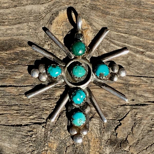 SOLD 1940s SILVER TURQUOISE PETITE POINT CATHOLIC CROSS