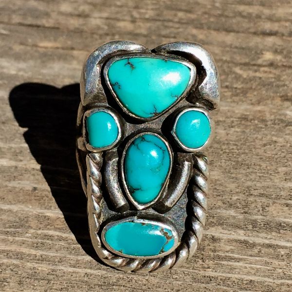 SOLD 1920s TURQUOISE SILVER FACE MASK TOTEM KACHINA PINKY RING