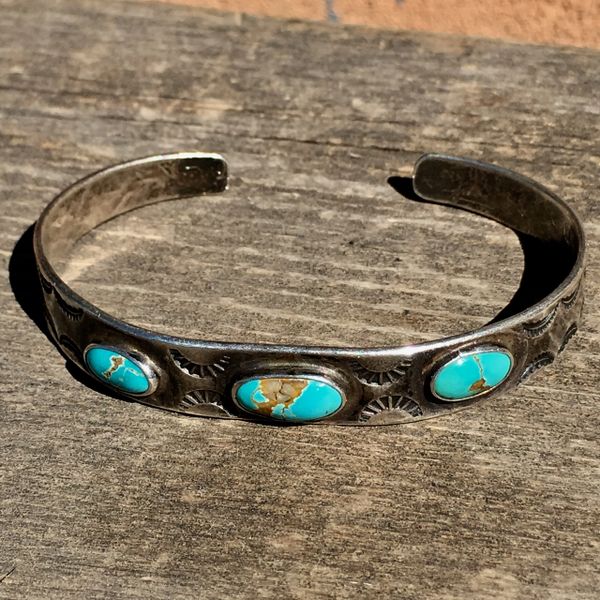 SOLD 1920s SILVER TURQUOISE SUN STAMPED CUFF