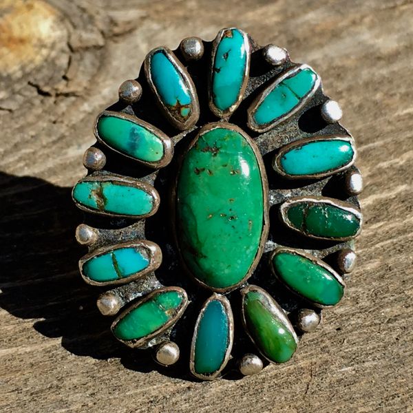 SOLD 1920s FLOWER SUN PETITE POINT SNAKE EYES FRED HARVEY ERA TURQUOISE SILVER RING