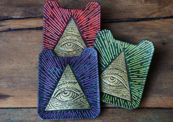 SOLD OUT GOLDEN ILLUMINATI ALL SEEING EYE PYRAMID HAND TOOLED HAND PAINTED CARD WALLET & MONEY CLIP