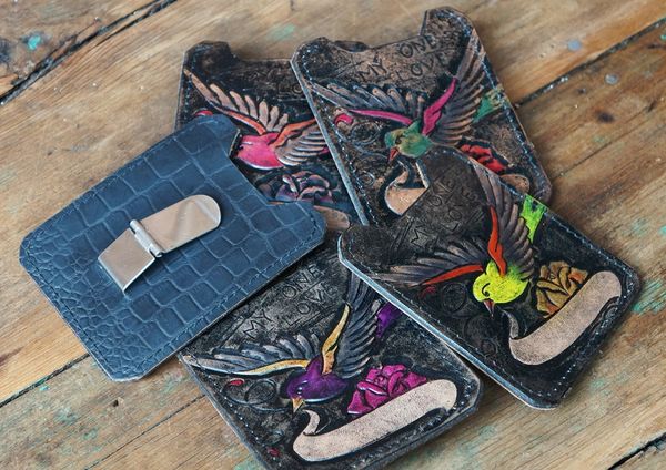 SPARROW WALLET TATTOO HAND TOOLED HAND PAINTED LEATHER