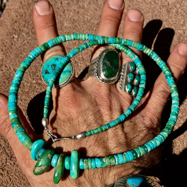 SOLD 1890s MUSEUM WORTHY TURQUOISE TAB & GRADUATED HEISHI NECKLACE