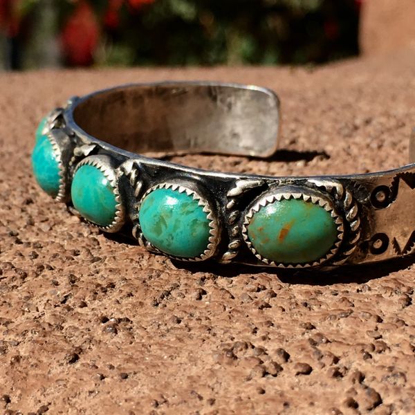 SOLD 1920's INGOT SILVER WELL WORN 5 GREEN TURQUOISE STONE STAMPED CUFF for SMALL WRISTS