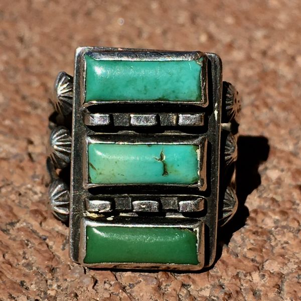 SOLD 1920s FANCY STOPLIGHT RECTANGLE TURQUOISE PEYOTE ARROWS RING