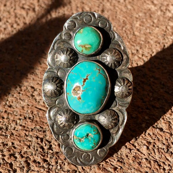 SOLD 1920s SILVER FINGER LONG 3 BLUE TURQUOISE STONE STAMPED PEYOTE RING