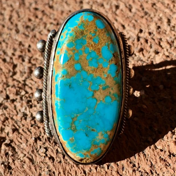 SOLD 1920s BIG LONG VIVID BLUE TURQUOISE SILVER RING