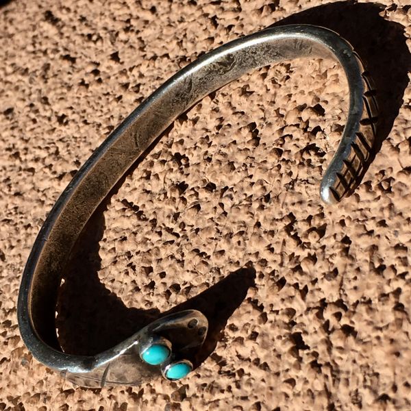 SOLD 1940s INGOT SILVER CHISELED TURQUOISE EYES RATTLE SNAKE BIG WRIST BRACELET