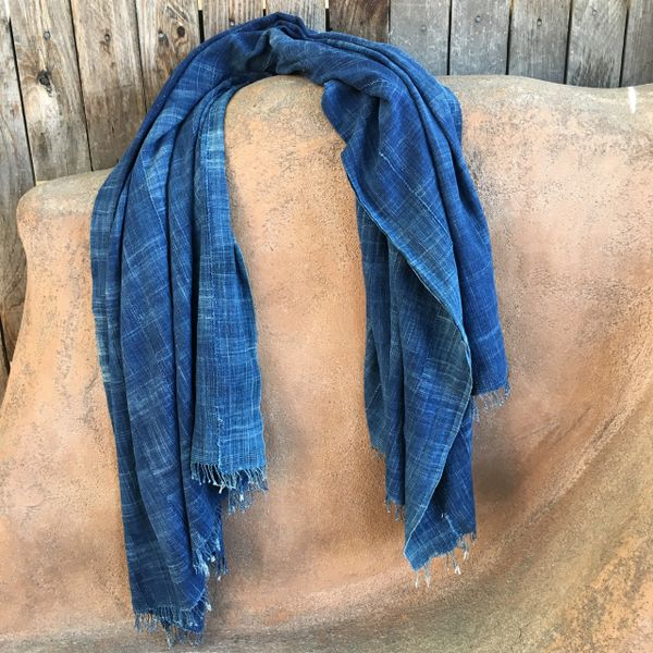 SOLD FRINGED ANTIQUE DARK INDIGO LONG THIN SHAWL #7