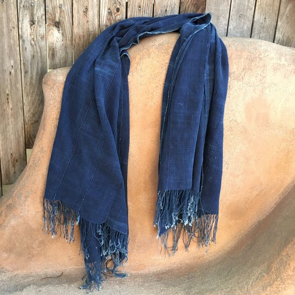 SOLD FRINGED ANTIQUE DARK INDIGO LONG THIN SHAWL #6