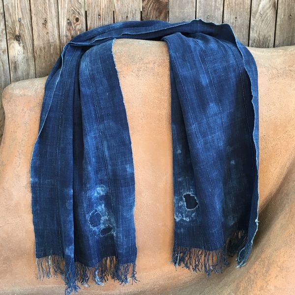 SOLD FRINGED ANTIQUE FADED DARK INDIGO LONG PATCHED SCARF #1