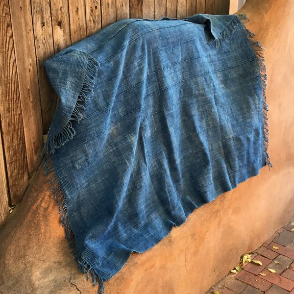 SOLD FRINGED ANTIQUE FADED DARK INDIGO LONG SHAWL #1