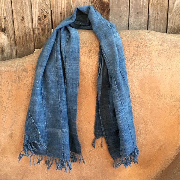 SOLD FRINGED ANTIQUE FADED INDIGO SCARF #5