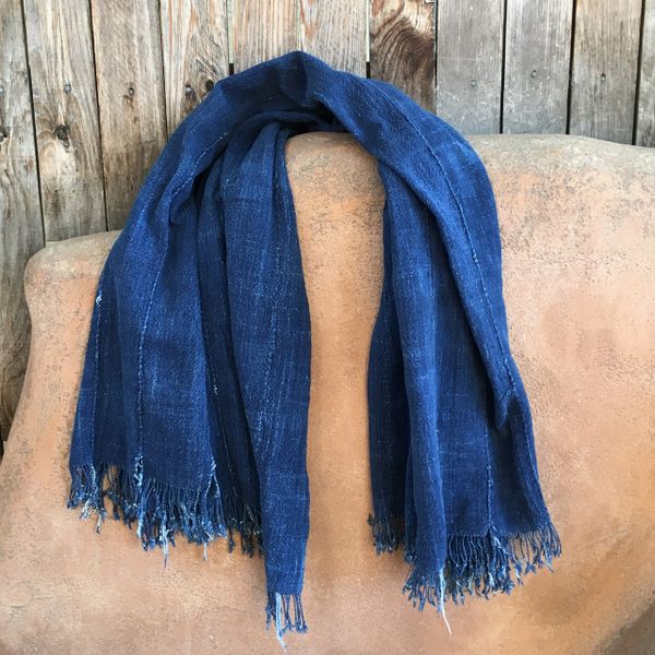 SOLD FRINGED THIN FADED ANTIQUE DARK INDIGO LONG SHAWL #2