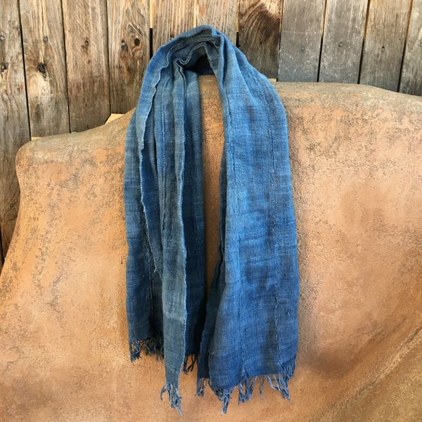 SOLD FRINGED ANTIQUE FADED INDIGO LONG SCARF #3