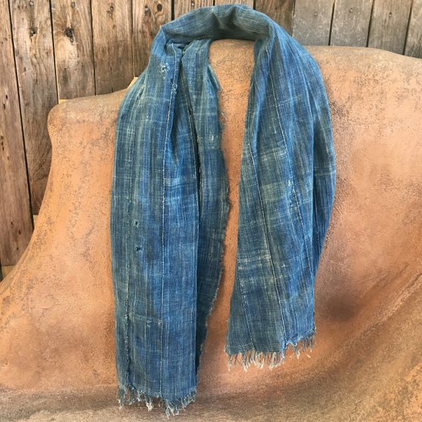 SOLD FRINGED ANTIQUE FADED LIGHT PERFORATED INDIGO LONG SHAWL #9