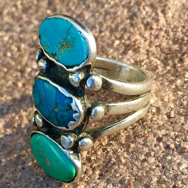 SOLD 1910s LONG INGOT SILVER 3 TURQUOISE COLORS STOPLIGHT RING