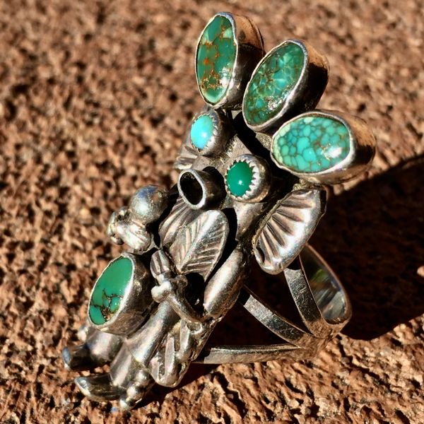 SOLD 1950s SIGNED KACHINA KATSINA SILVER SPIDERWEB TURQUOISE CORN MAIDEN RING