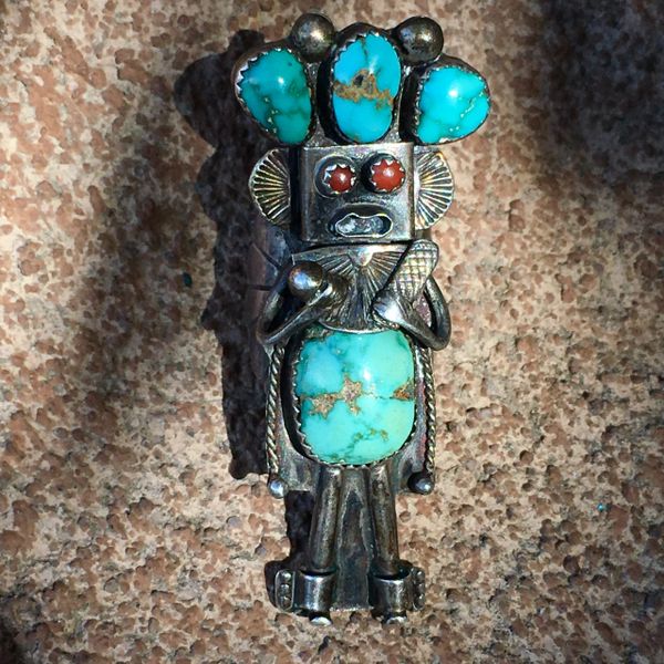 SOLD 1960s EXTRA LONG SILVER CORAL & TURQUOISE KACHINA KATAINA CORN MAIDEN RING