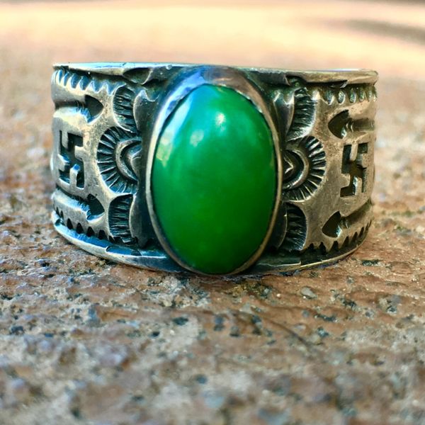 SOLD 1910s INGOT SILVER CIGAR BAND WHIRLING LOGS ARROWS CERILLOS TURQUOISE RING
