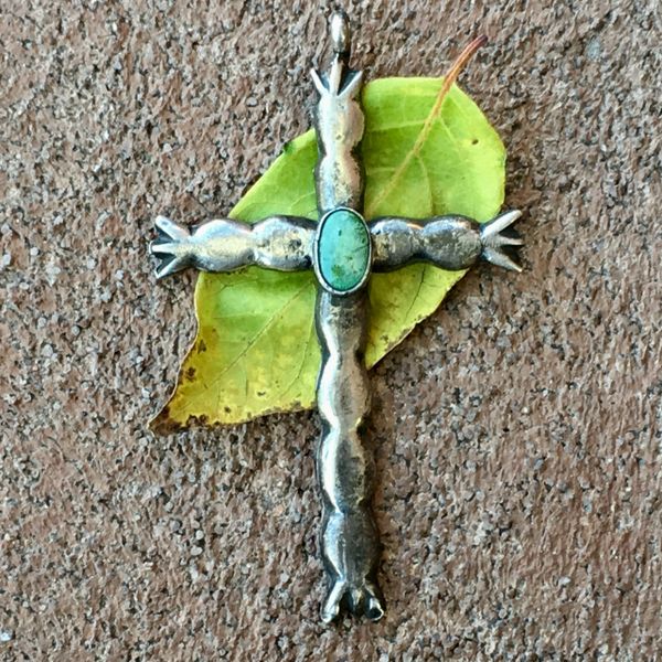 1930s LONG SANDCAST SILVER CROSS WITH TURQUOISE