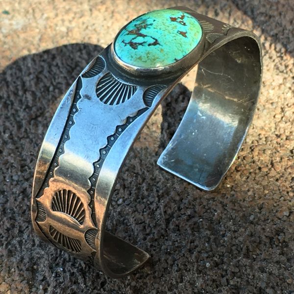 SOLD 1920s STAMPED SILVER OVAL TURQUOISE CUFF BRACELET