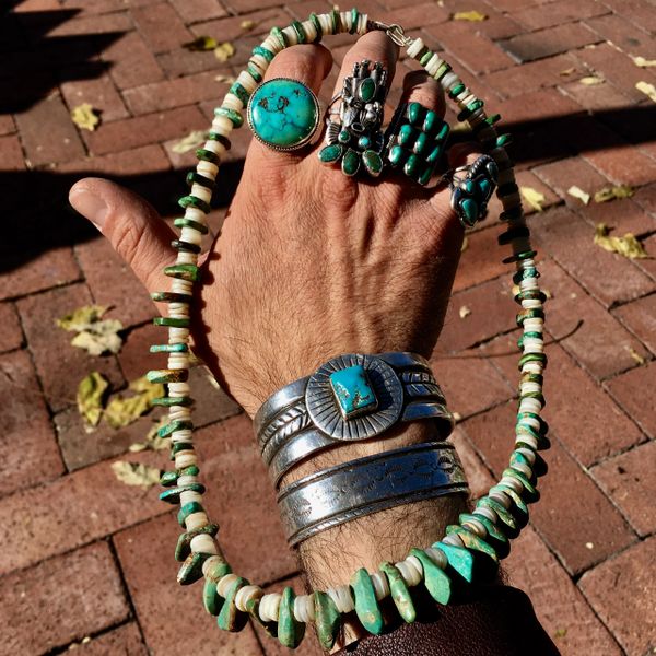 SOLD 1870s RESTRUNG HAND ROLLED PUMP DRILLED SHELL HEISHI & TURQUOISE TAB NECKLACE