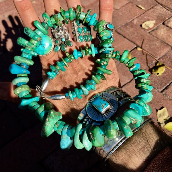 SOLD 1860s-1920s HAND ROLLED HAND FILED PUMP DRILLED TURQUOISE TABS & HEISHI NECKLACE RESTRUNG