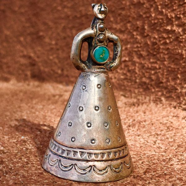 SOLD 1940s STAMPED INGOT SILVER TURQUOISE MOTHER IN LAW BELL PENDANT
