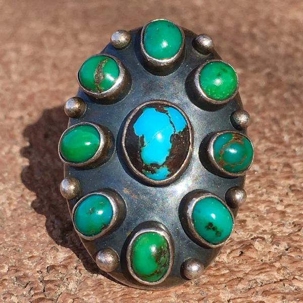 SOLD 1920s ARROW STAMPED CERILLOS TURQUOISE 9 GREEN & BLUE STONE SILVER RING