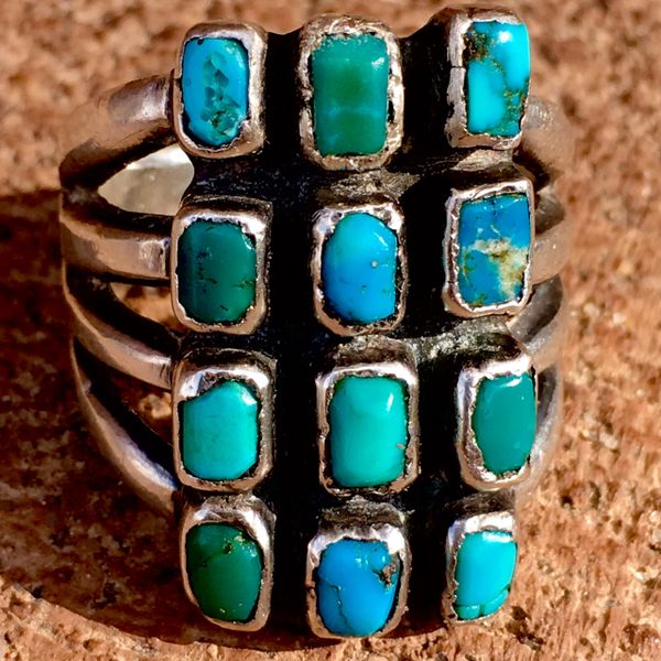 SOLD 1920s SILVER INGOT HUMONGOUS 12 GEM QUALITY BLUE & GREEN TURQUOISE STONE RING