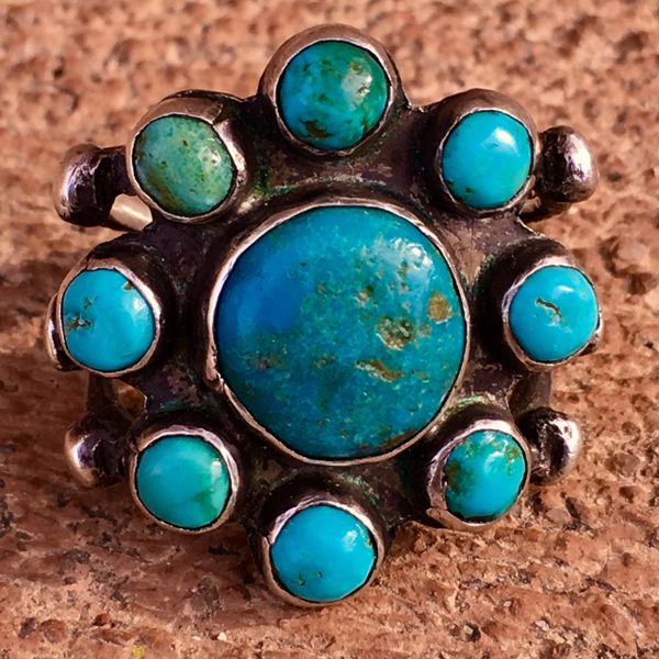 SOLD 1920s SUPERB BLUE TURQUOISE 9 ROUND STONE INGOT SILVER RING