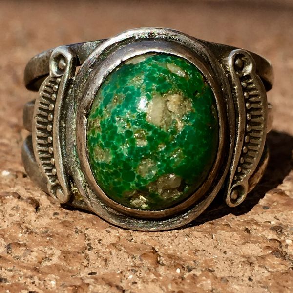 SOLD 1920s SIDE SHIELD SILVER GREEN TURQUOISE WITH QUARTZ RING