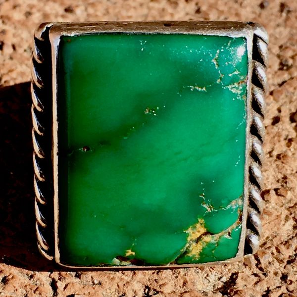 SOLD 1920s SQUARE CERILLOS TURQUOISE ROPE STAMPED SILVER RING