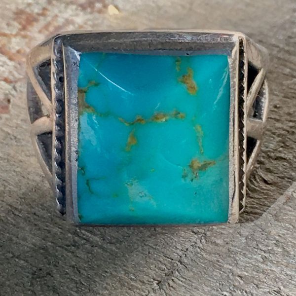 SOLD 1950s SANDCAST SQUARE OPEN BAND LIGHT BRIGHT BEVELED BLUE TURQUOISE RING