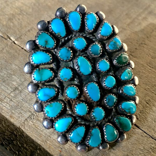 SOLD 1950s SMALL TURQUOISE STONE HUGE SNAKE EYES SILVER RING