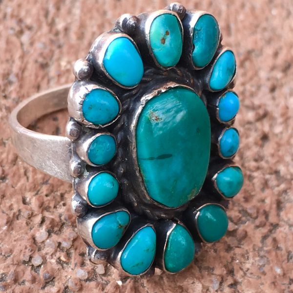 SOLD 1920s BLUE GREEN TURQUOISE 15 STONE INGOT SILVER RING