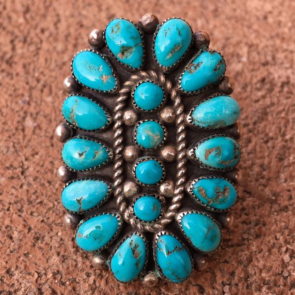 SOLD 1950s GINORMOUS BRIGHT BLUE TURQUOISE STONE SILVER RING