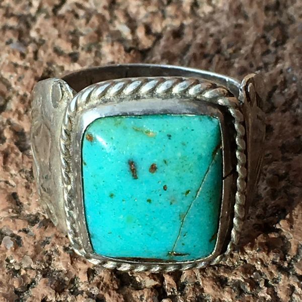 SOLD 1930s LIGHT BLUE SQUARE TURQUOISE INGOT SILVER STAMPED SIDE SHIELDS MENS PINK RING