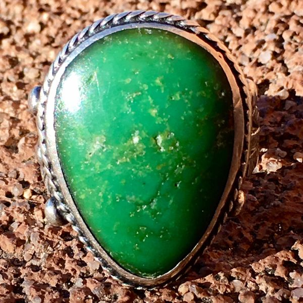 SOLD 1940s "ME TOO 12/25/42" GREEN DROP SHAPES TURQUOISE STAMPED SILVER FRED HARVEY ERA RING